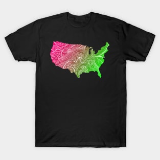 Colorful mandala art map of the United States of America in pink and green T-Shirt